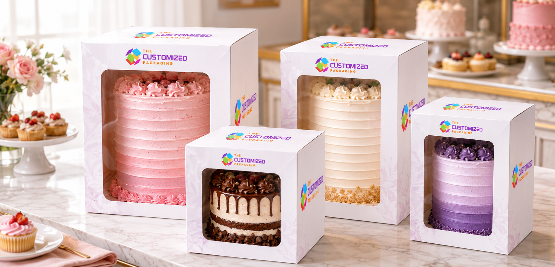 Front-Window Cake Boxes Display Height and Layers